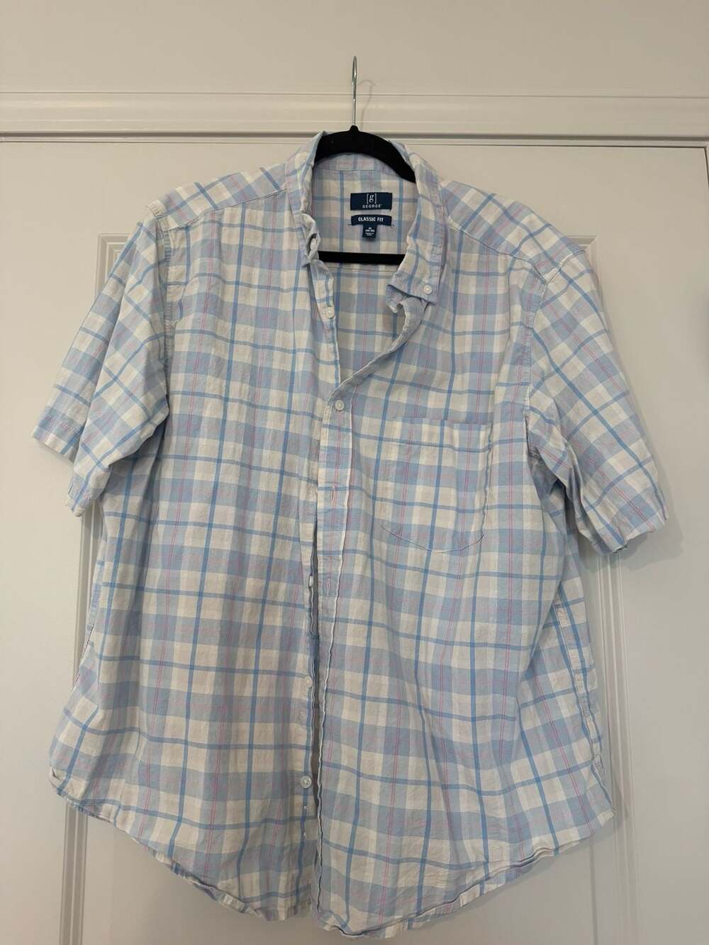 George Classic Fit Plaid Short Sleeve Shirt Size XL Blue White